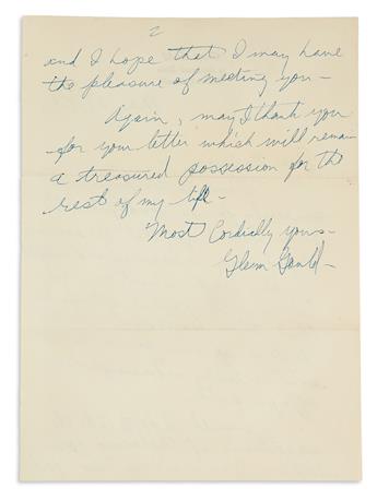 GOULD, GLENN. Autograph Letter Signed, to the son of composer Ferruccio Busoni, Rafaello,